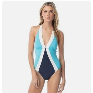 NWT Vince Camuto Colorblock Halter One Piece Swimsuit, Size 12